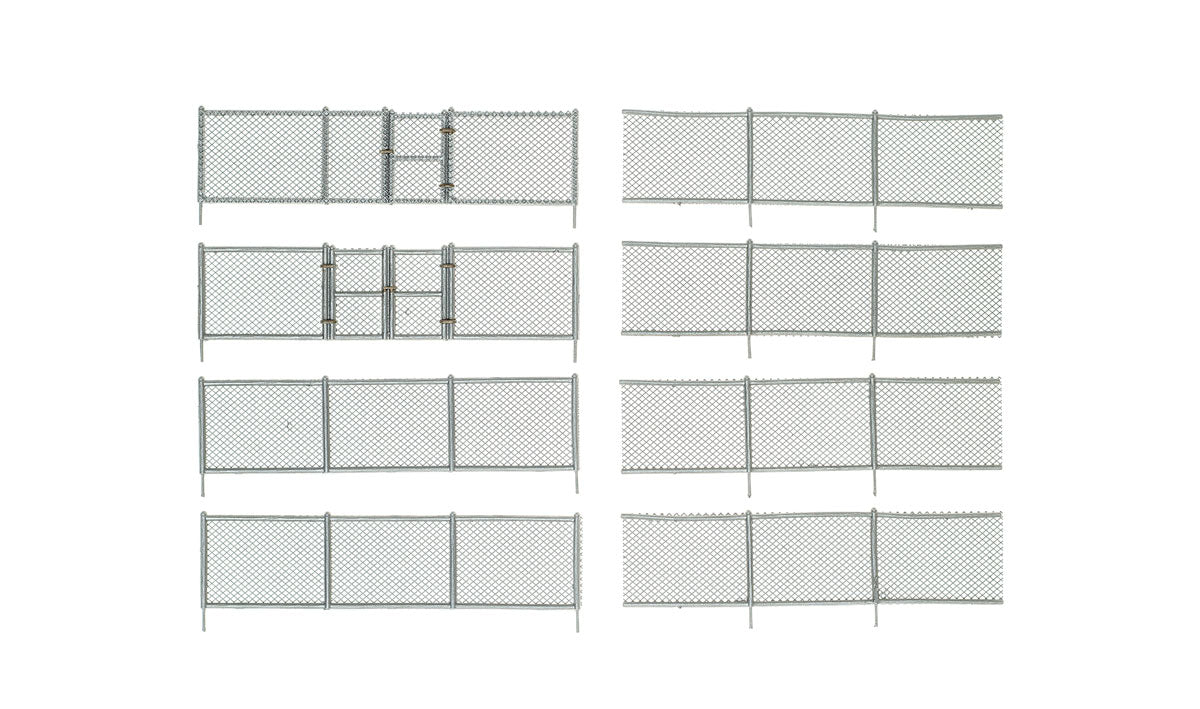 Woodland Scenics A2983 HO scale Chain Link Fence, manufacturer view of eight fence sections including gates.