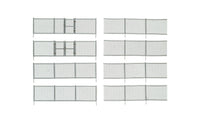 Woodland Scenics A2983 HO scale Chain Link Fence, manufacturer view of eight fence sections including gates.