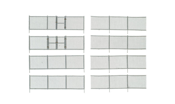 Woodland Scenics A2983 HO scale Chain Link Fence, manufacturer view of eight fence sections including gates.