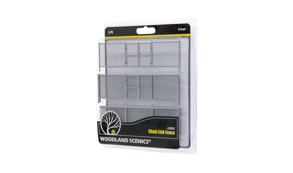 Woodland Scenics A3003 O scale Chain Link Fence, eight-piece retail package.