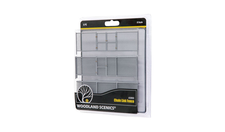 Woodland Scenics A3003 O scale Chain Link Fence, eight-piece retail package.