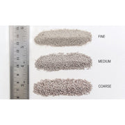 Woodland Scenics light gray ballast grade comparison; B1381 medium grade is the middle sample labeled MEDIUM. Fine and coarse samples are shown only for comparison.