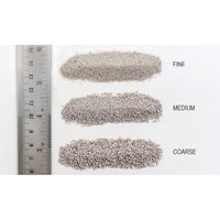 Woodland Scenics light gray ballast grade comparison; B1381 medium grade is the middle sample labeled MEDIUM. Fine and coarse samples are shown only for comparison.