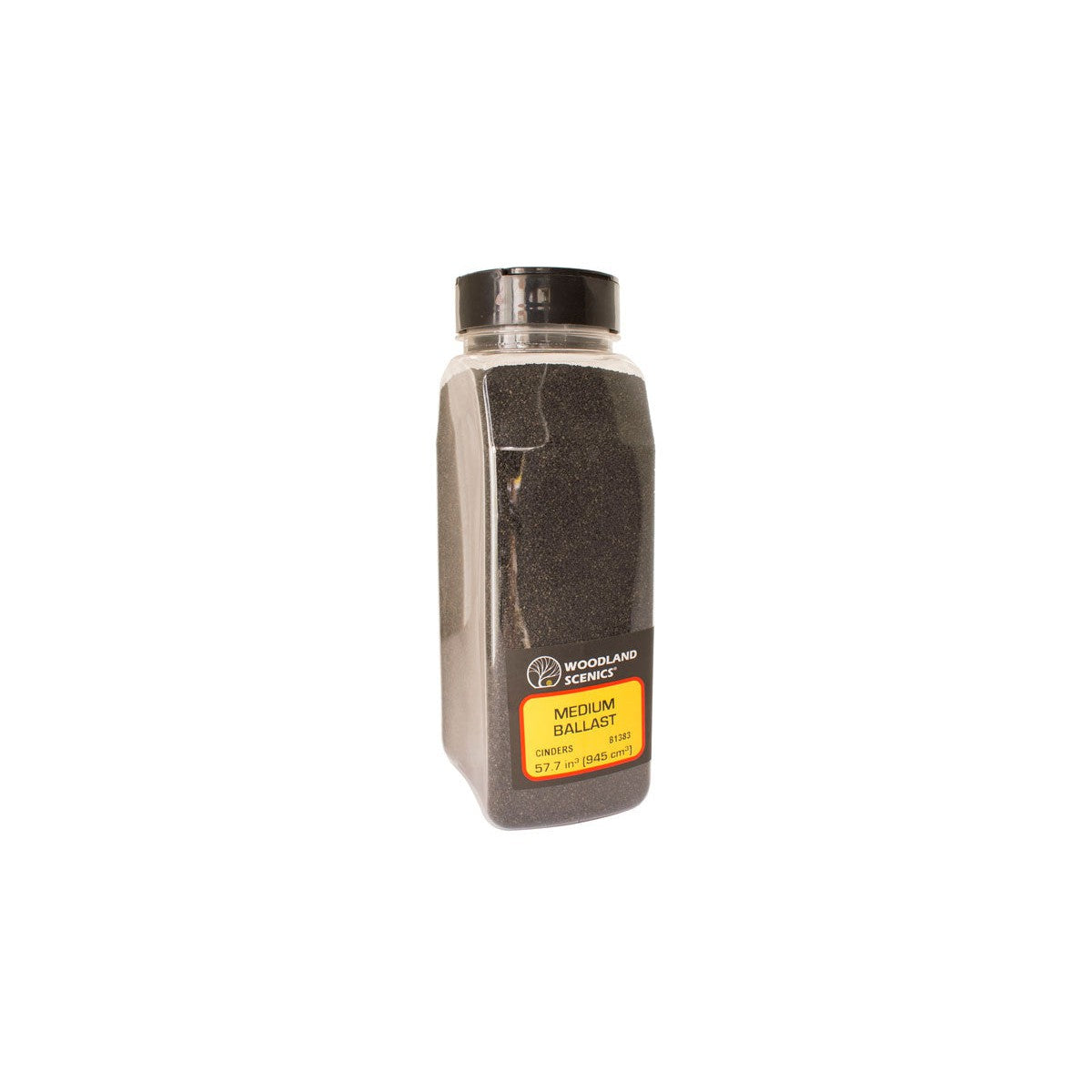 Woodland Scenics B1383 Cinders Medium Ballast shaker bottle, showing the manufacturer's B1383 label.