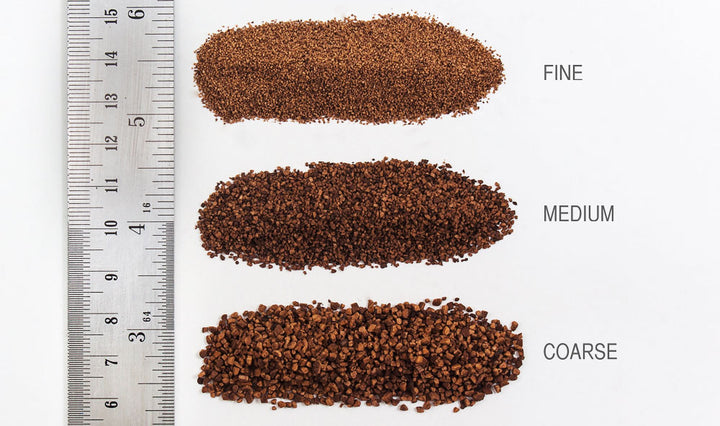 Woodland Scenics brown ballast grade comparison; B72 fine grade is the top sample labeled FINE. Other grades are shown only for comparison.