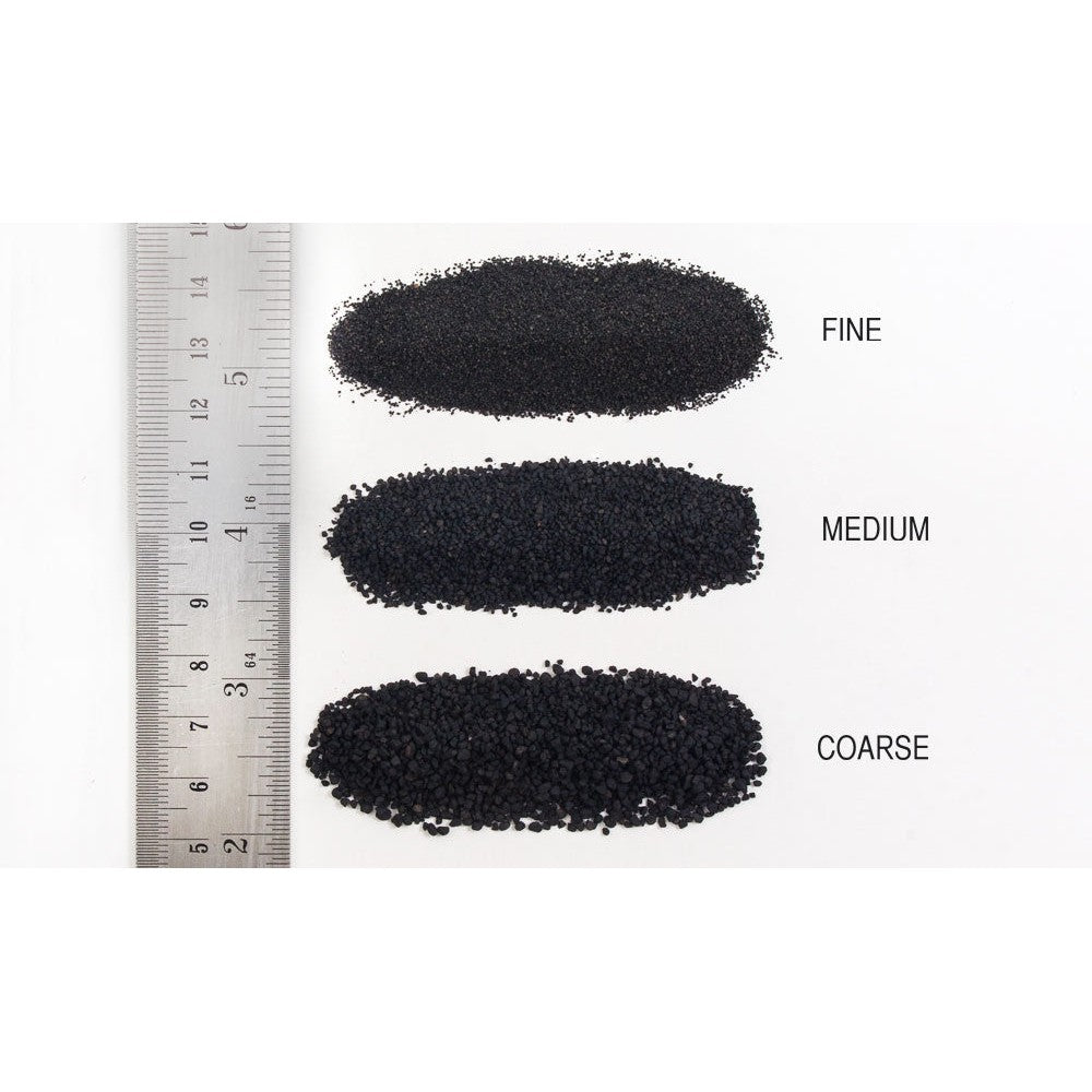 Woodland Scenics cinders ballast grade comparison; B76 fine grade is the top sample labeled FINE. Other grades are shown only for comparison.