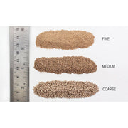 Woodland Scenics buff ballast grade comparison; B80 medium grade is the middle sample labeled MEDIUM. Fine and coarse grades are shown only for comparison.