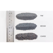 Woodland Scenics gray ballast grade comparison; B82 medium grade is the middle sample labeled MEDIUM. Fine and coarse grades are shown only for comparison.