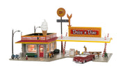 Woodland Scenics BR4929 N scale Drive 'n Dine built-up restaurant, front three-quarter view.