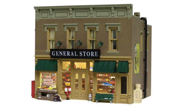 Woodland Scenics BR5021 Lubener's General Store HO scale built-up building, front storefront view.