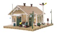 Woodland Scenics BR5023 Dansbury Depot HO scale built-up station, baggage door end view.