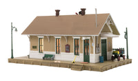 Woodland Scenics BR5023 Dansbury Depot HO scale built-up station, rear platform view.