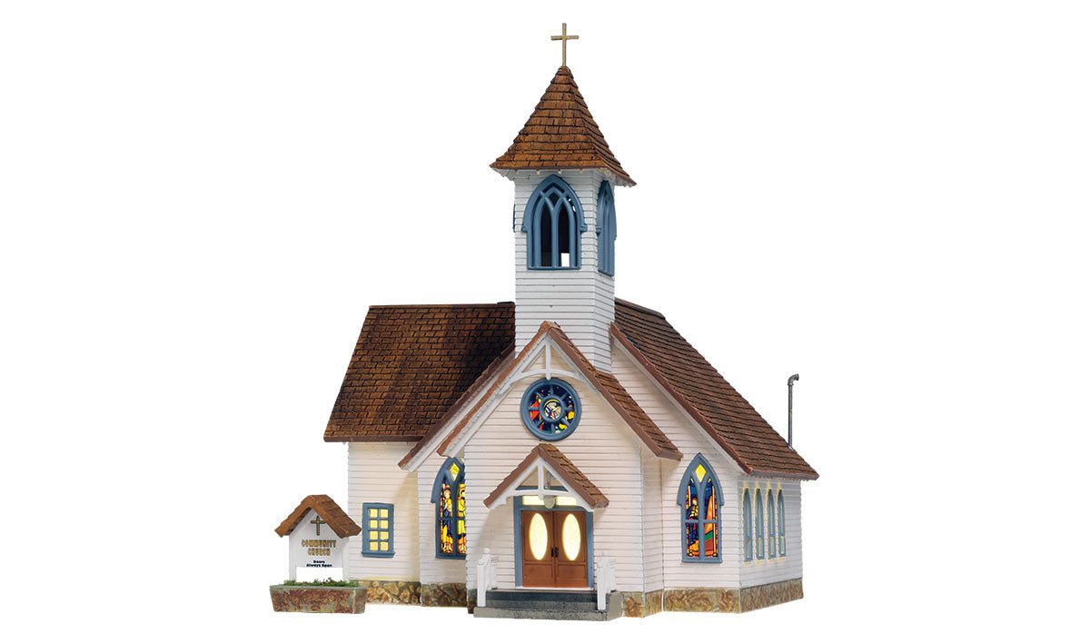 Woodland Scenics BR5041 HO scale Community Church front view with illuminated windows