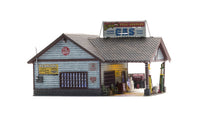 Woodland Scenics BR5048 Ethyl's Gas & Service HO scale Built-&-Ready model, opposite front and side view.