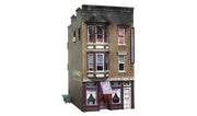 Woodland Scenics BR5051 Betty's Burning Building HO scale Built-&-Ready model, opposite front and side view.