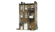 Woodland Scenics BR5051 Betty's Burning Building HO scale Built-&-Ready model, rear view with fire escape and service doors.