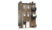 Woodland Scenics BR5051 Betty's Burning Building HO scale Built-&-Ready model, opposite rear and side view.