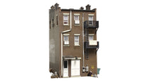 Woodland Scenics BR5051 Betty's Burning Building HO scale Built-&-Ready model, opposite rear and side view.