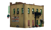 Woodland Scenics BR5053 Dugan's Paint Store HO scale Built-&-Ready building, rear and side view with paint advertising and fire escape.
