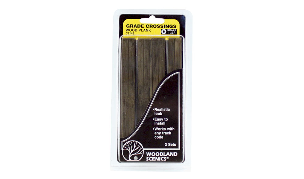 Woodland Scenics C1145 O scale wood plank grade crossing, manufacturer package containing two crossing sets.