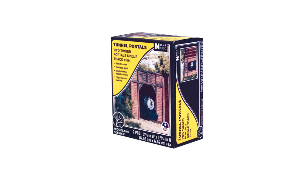 Woodland Scenics C1154 N scale timber single-track tunnel portals, two-piece manufacturer package.