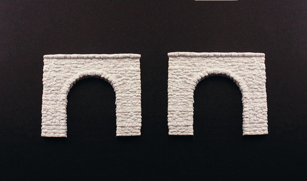 Woodland Scenics C1155 N scale random stone single-track tunnel portals, pair of unpainted portal castings.