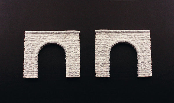 Woodland Scenics C1155 N scale random stone single-track tunnel portals, pair of unpainted portal castings.