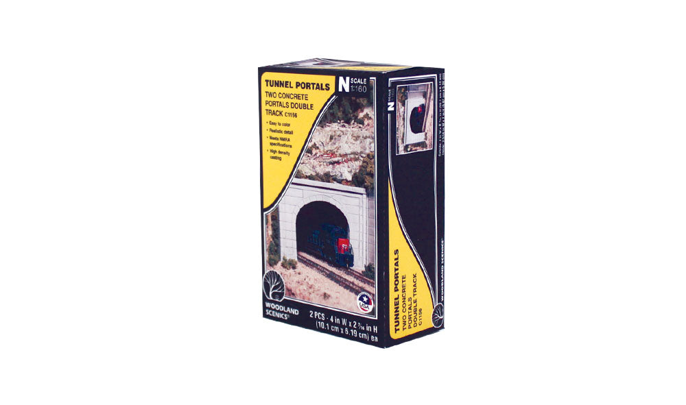 Woodland Scenics C1156 N scale concrete double-track tunnel portals, two-piece manufacturer package.