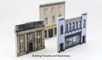 Woodland Scenics C1176 Modeling Sheets building facade and backdrop examples; finished buildings are not included.