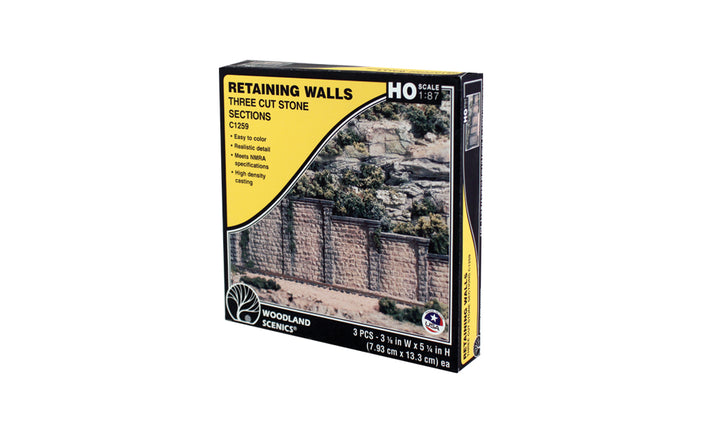 Woodland Scenics C1259 HO scale Cut Stone Retaining Walls, retail package containing three sections