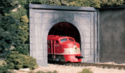 Woodland Scenics C1266 O scale concrete single-track tunnel portal, painted layout example; locomotive, retaining wall and scenery are not included.