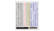 Woodland Scenics DT502 Benton & Windsor dry transfer lettering sheet with letters and numerals in multiple colors and sizes.