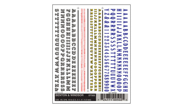 Woodland Scenics DT502 Benton & Windsor dry transfer lettering sheet with letters and numerals in multiple colors and sizes.