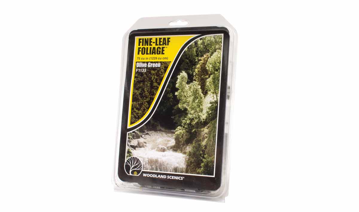 Woodland Scenics F1133 Olive Green Fine-Leaf Foliage, manufacturer packaging.