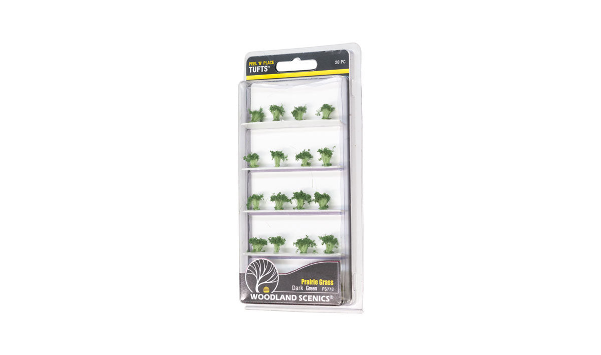 Woodland Scenics FS778 Dark Green Prairie Grass Peel 'n' Place Tufts, 20-piece manufacturer package.