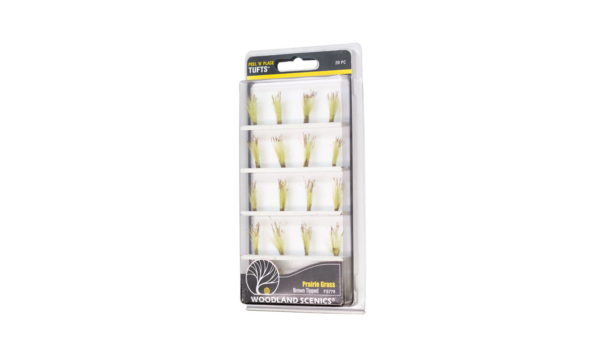 Woodland Scenics FS779 Brown Tipped Prairie Grass Peel 'n' Place Tufts, 20-piece manufacturer package.