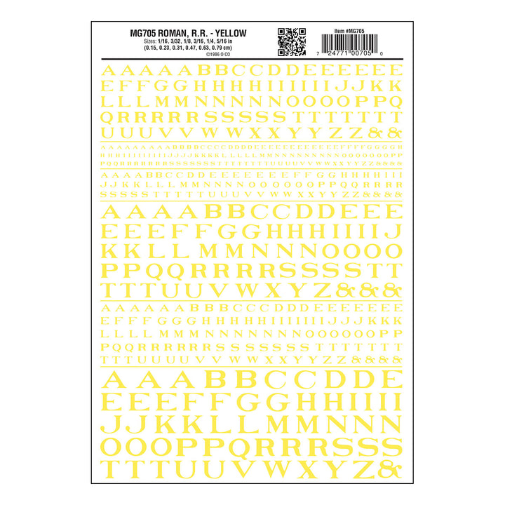 Woodland Scenics MG705 Roman Railroad Yellow dry transfer lettering sheet.