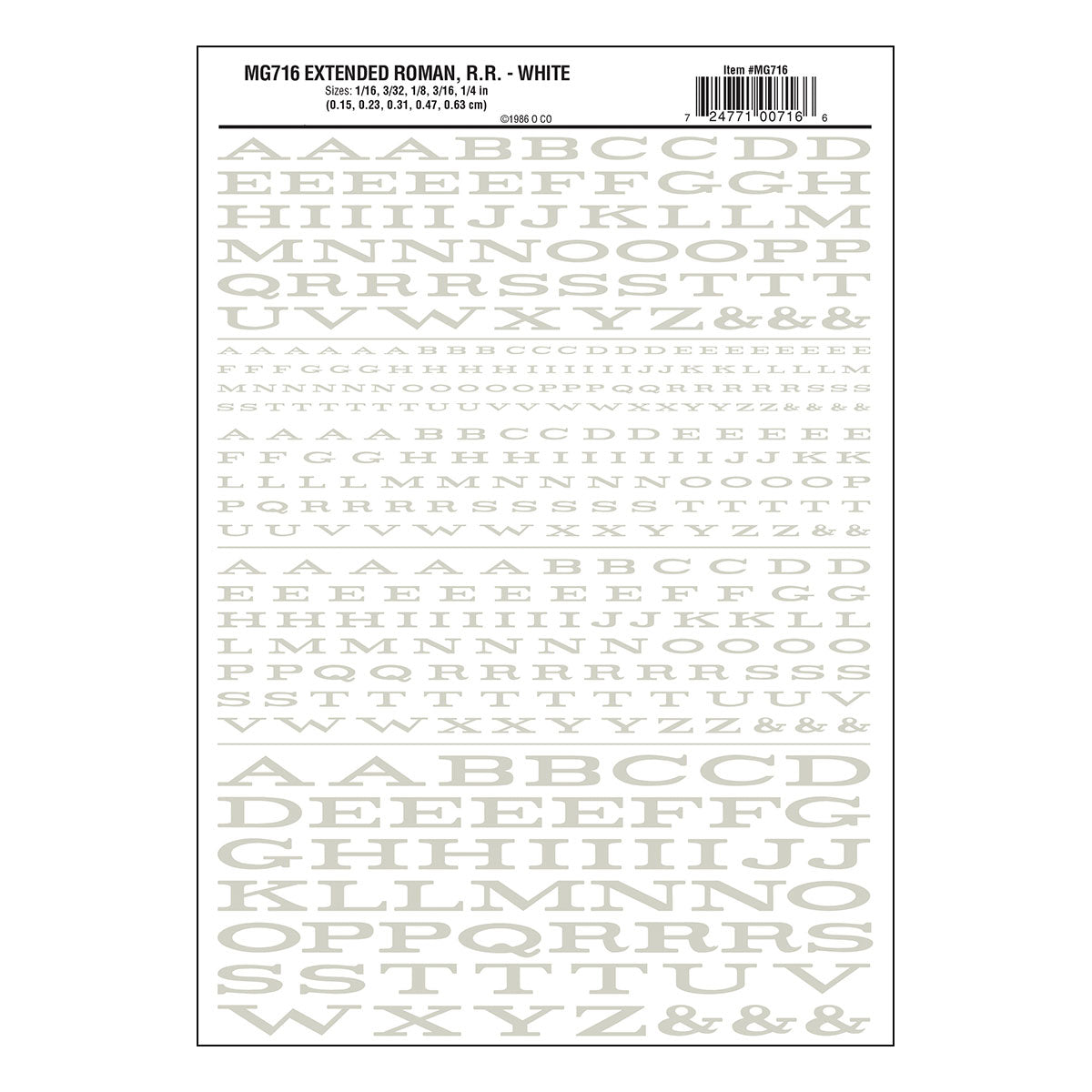 Woodland Scenics MG716 Extended Roman Railroad White dry transfer lettering sheet.