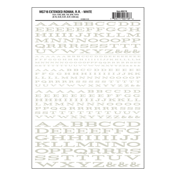 Woodland Scenics MG716 Extended Roman Railroad White dry transfer lettering sheet.
