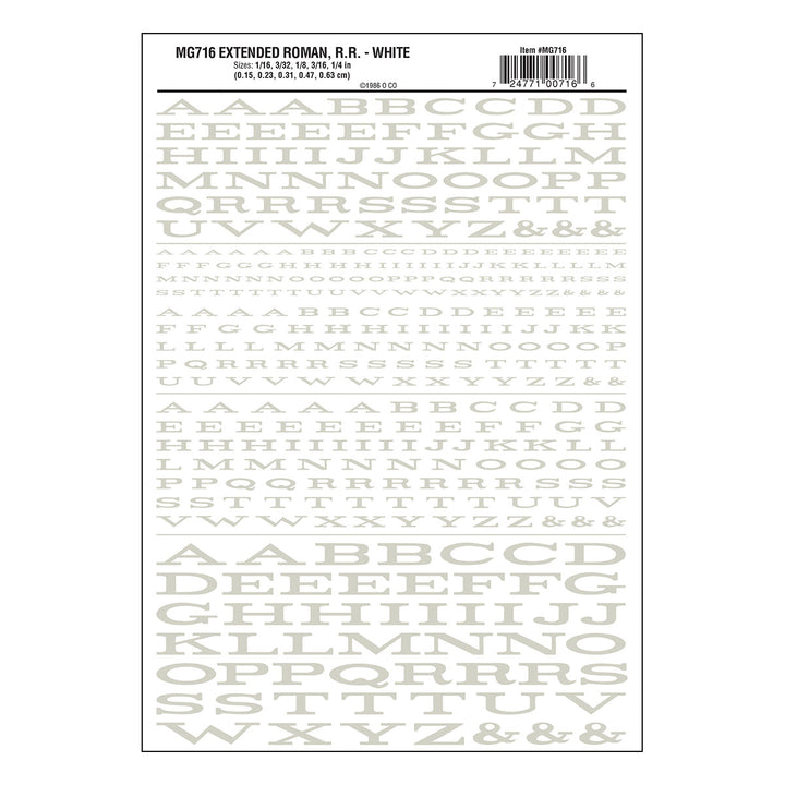 Woodland Scenics MG716 Extended Roman Railroad White dry transfer lettering sheet.