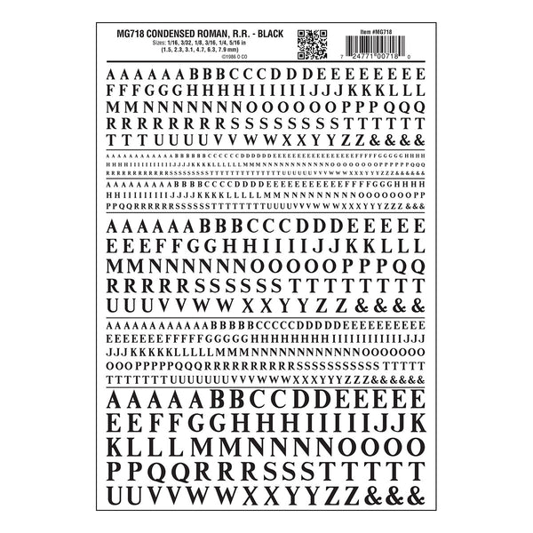 Woodland Scenics MG718 Condensed Roman Railroad Black dry transfer lettering sheet.