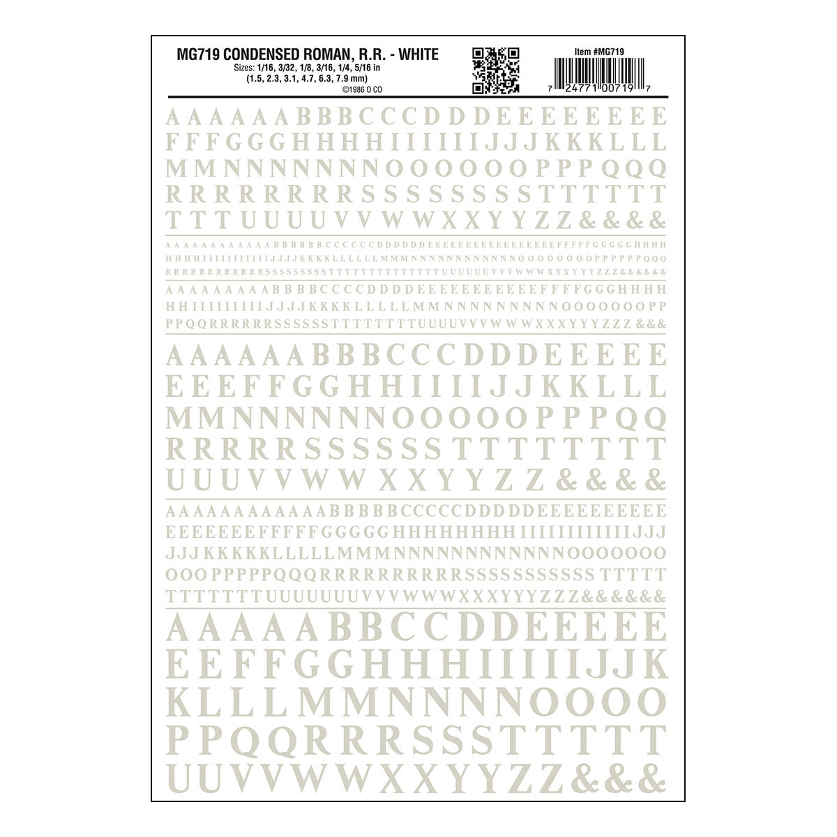 Woodland Scenics MG719 Condensed Roman Railroad White dry transfer lettering sheet.