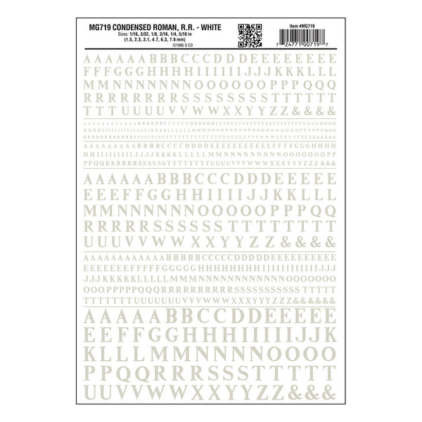 Woodland Scenics MG719 Condensed Roman Railroad White dry transfer lettering sheet.