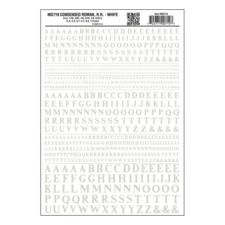 Woodland Scenics MG719 Condensed Roman Railroad White dry transfer lettering sheet.