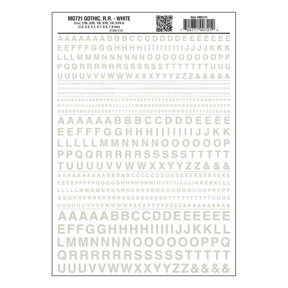 Woodland Scenics MG721 Gothic Railroad White dry transfer lettering sheet.
