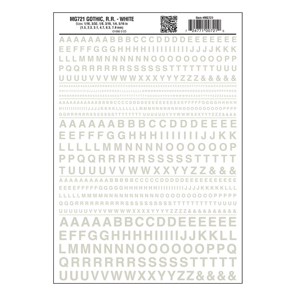 Woodland Scenics MG721 Gothic Railroad White dry transfer lettering sheet.