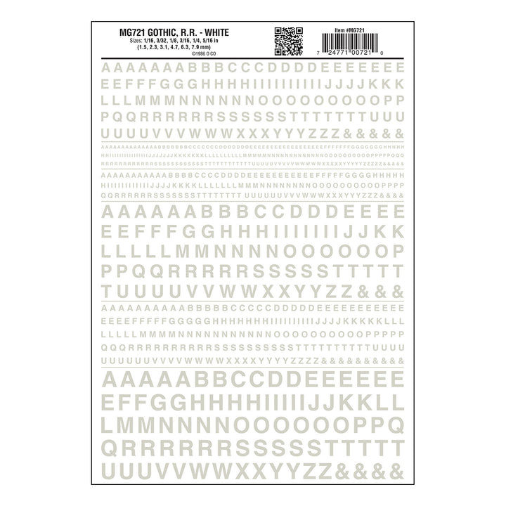 Woodland Scenics MG721 Gothic Railroad White dry transfer lettering sheet.