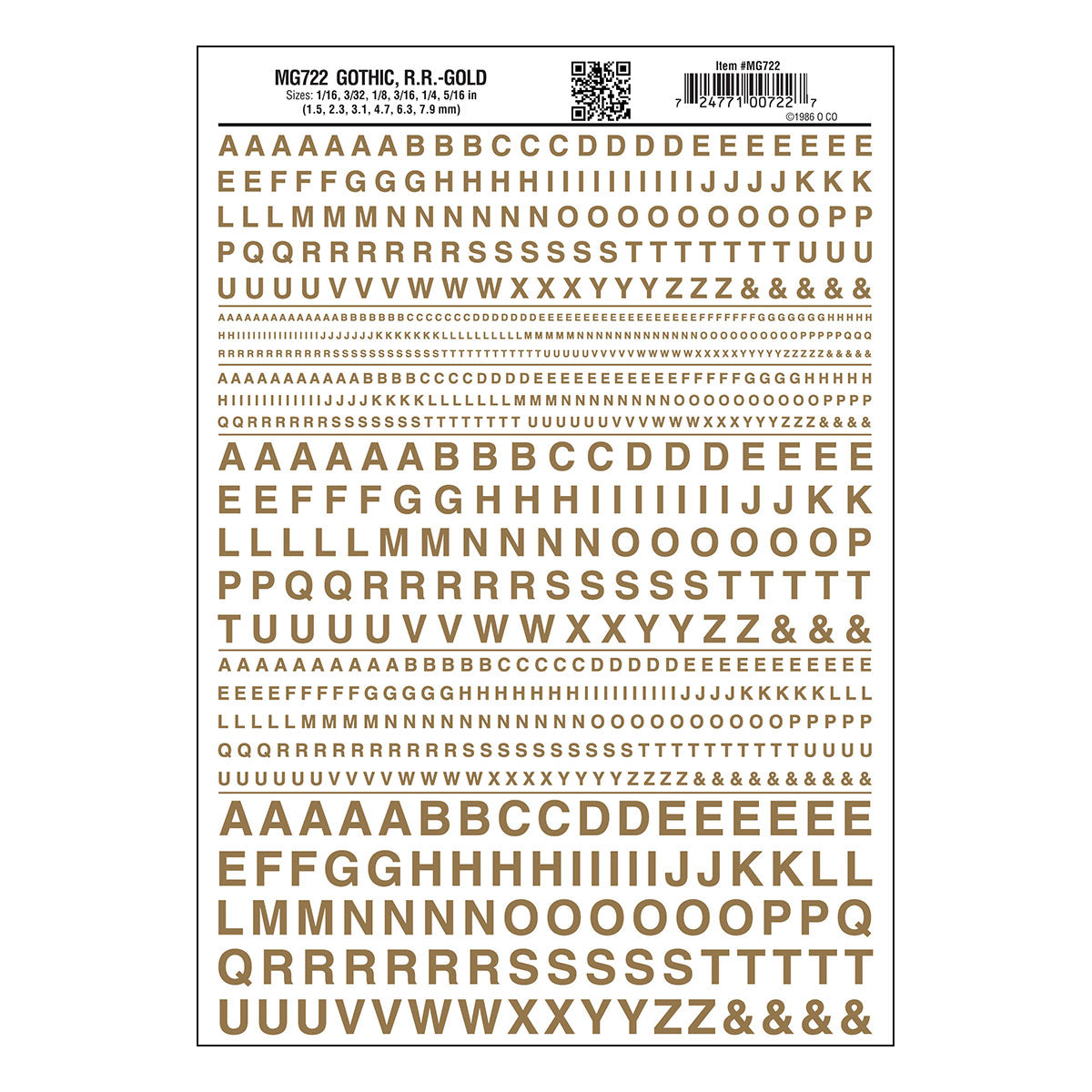 Woodland Scenics MG722 Gothic Railroad Gold dry transfer lettering sheet.