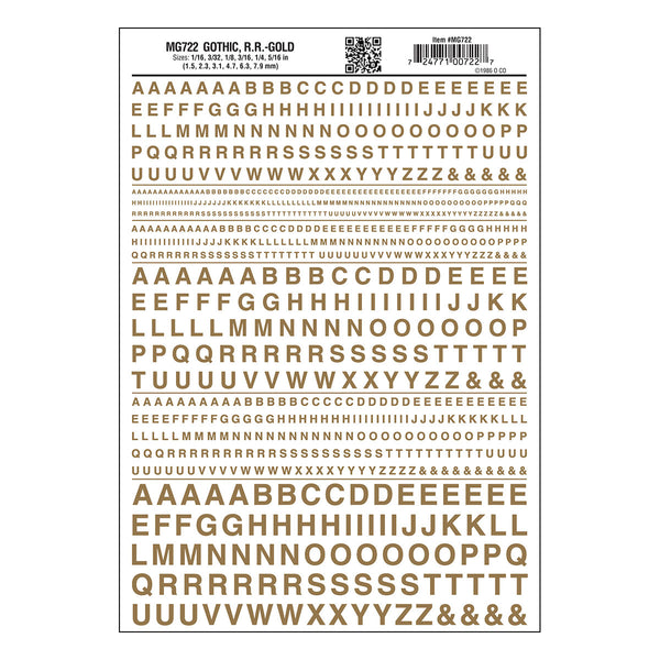 Woodland Scenics MG722 Gothic Railroad Gold dry transfer lettering sheet.