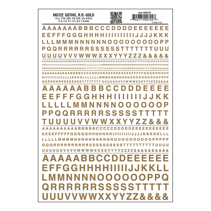 Woodland Scenics MG722 Gothic Railroad Gold dry transfer lettering sheet.